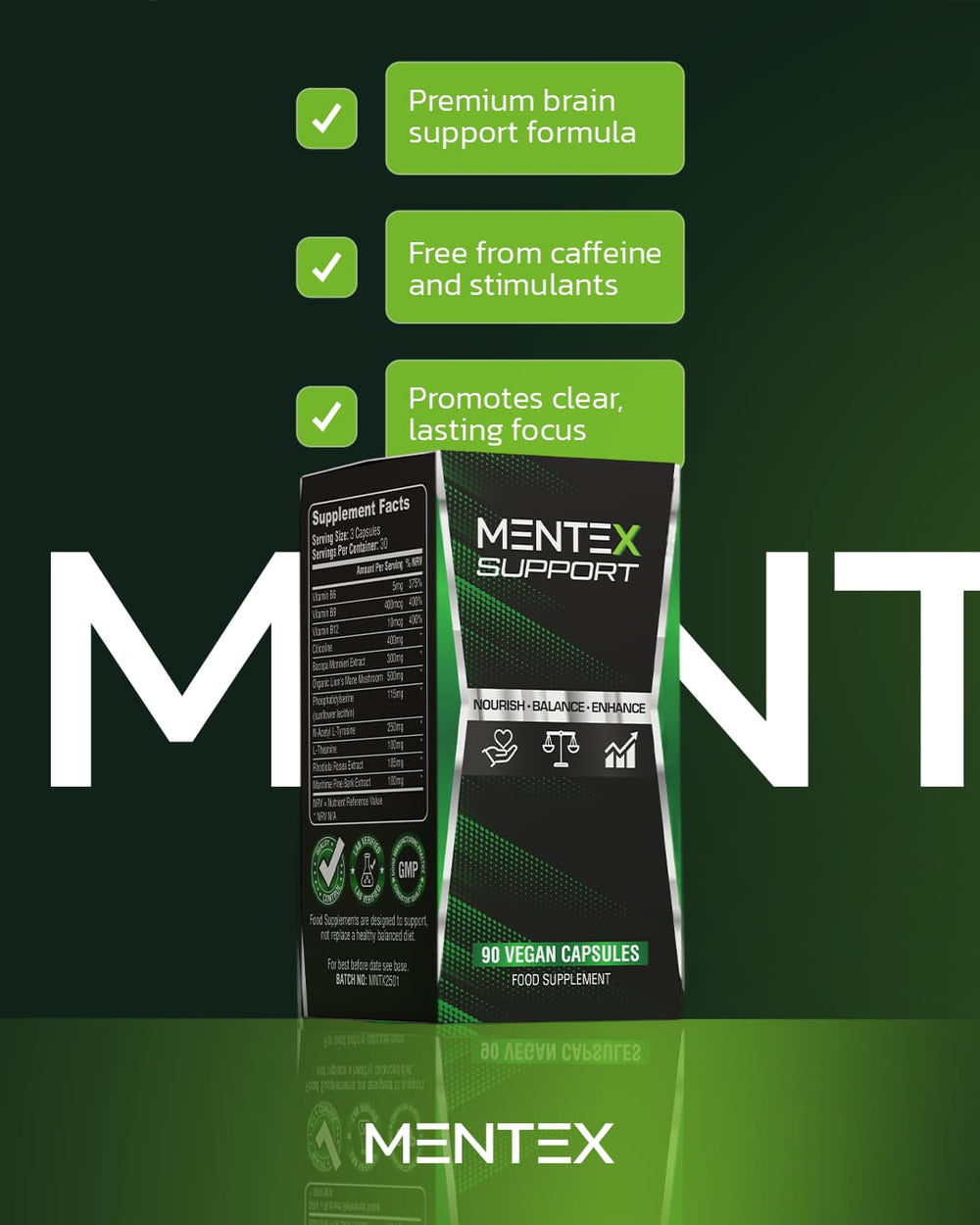 Mentex Support supplement packaging with green background and text highlighting features.