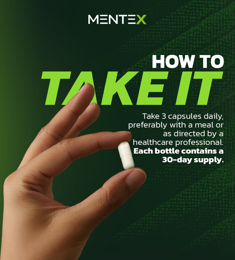 Hand holding a capsule with Mentex branding and instructions on a green background