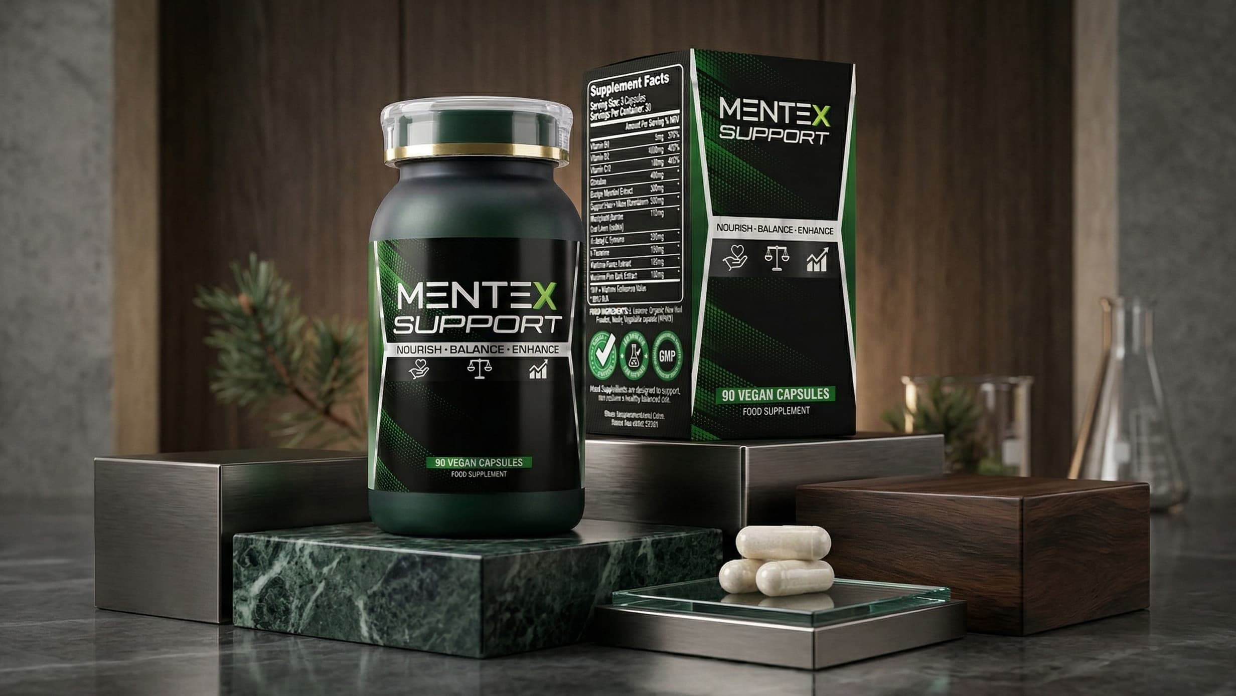 Mentex Support supplement bottle and packaging on a marble slab with a blurred background