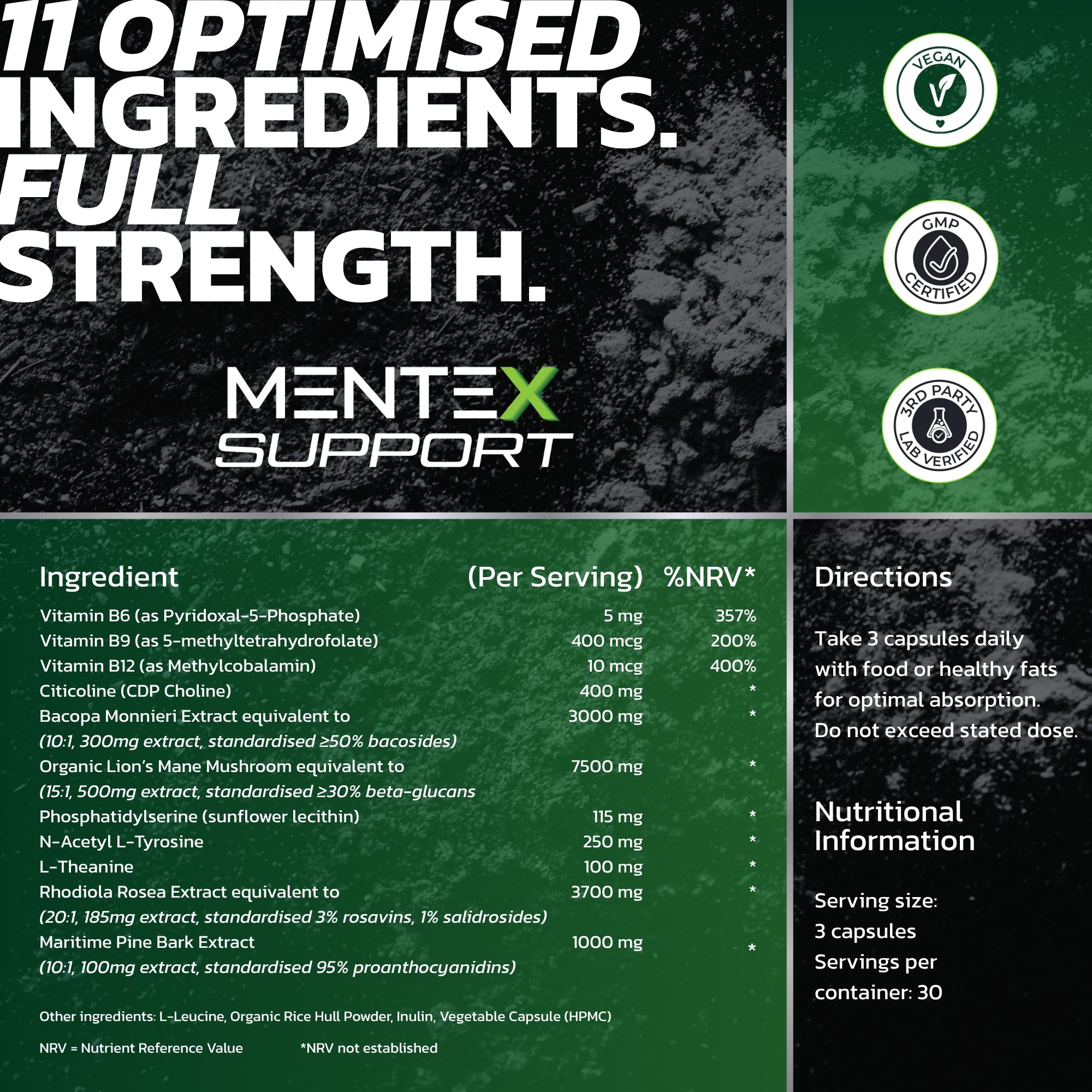Mentex® Support Nootropics Brain Supplement | Lion's Mane, Citicoline, Rhodiola Rosea, Bacopa Monnieri, L-Theanine, L-Tyrosine & Phosphatidylserine | Research Backed Vegan Formula | 90 Capsules