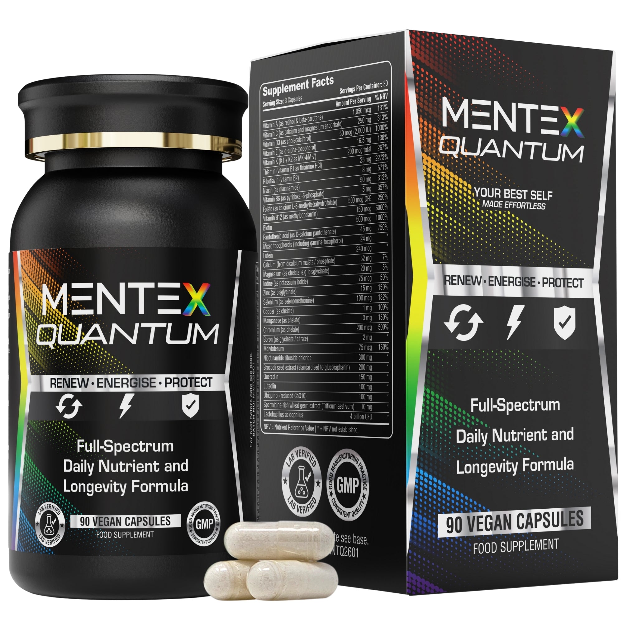 Mentex® Quantum NAD Supplements Multivitamin - Comprehensive Vitamins & Chelated Minerals with Nicotinamide Riboside, Spermidine, Ubiquinol CoQ10, Broccoli Seed Extract, Quercetin | 30 Day Supply