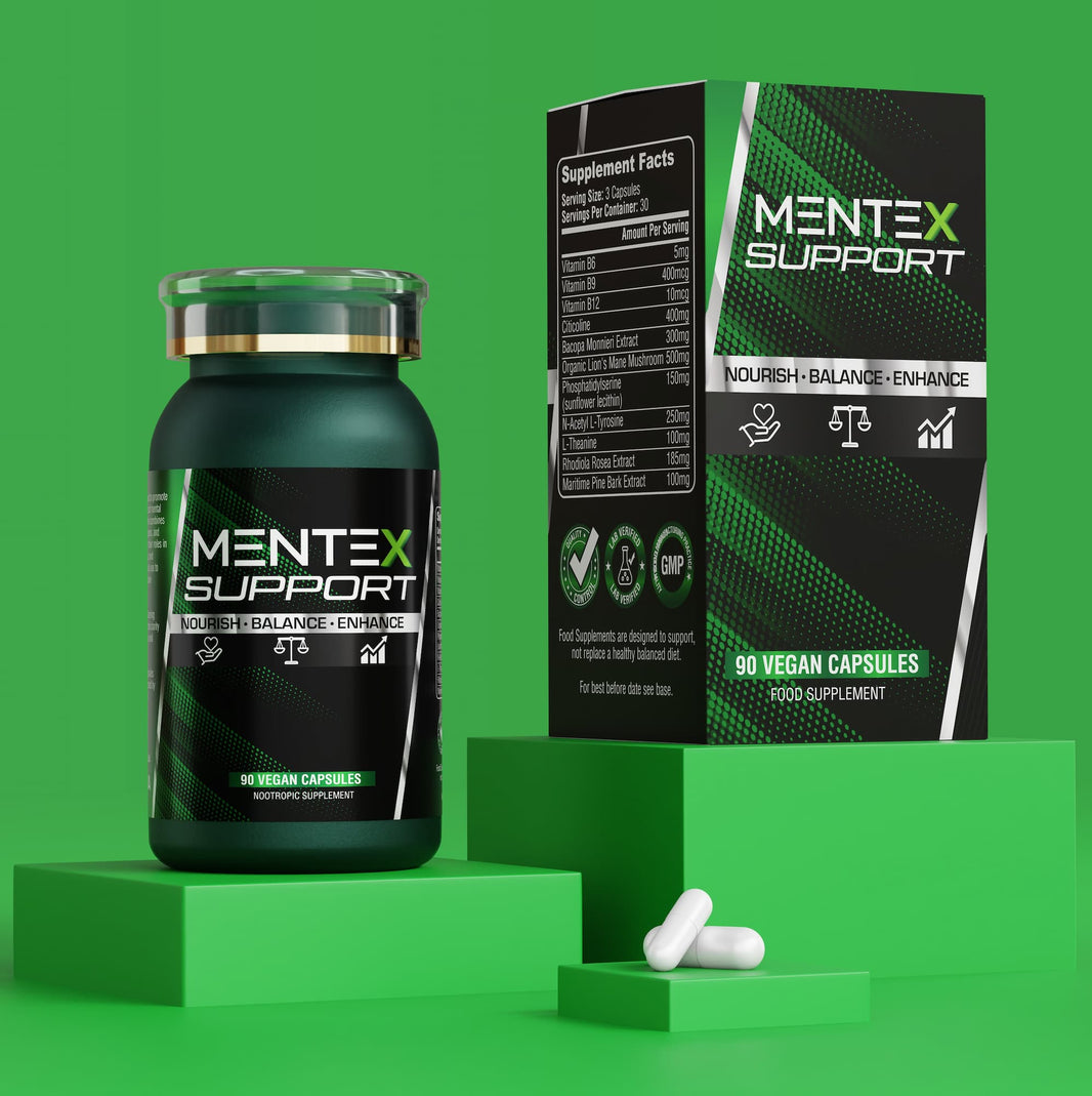 Mentex Support supplement bottle and packaging on a green background