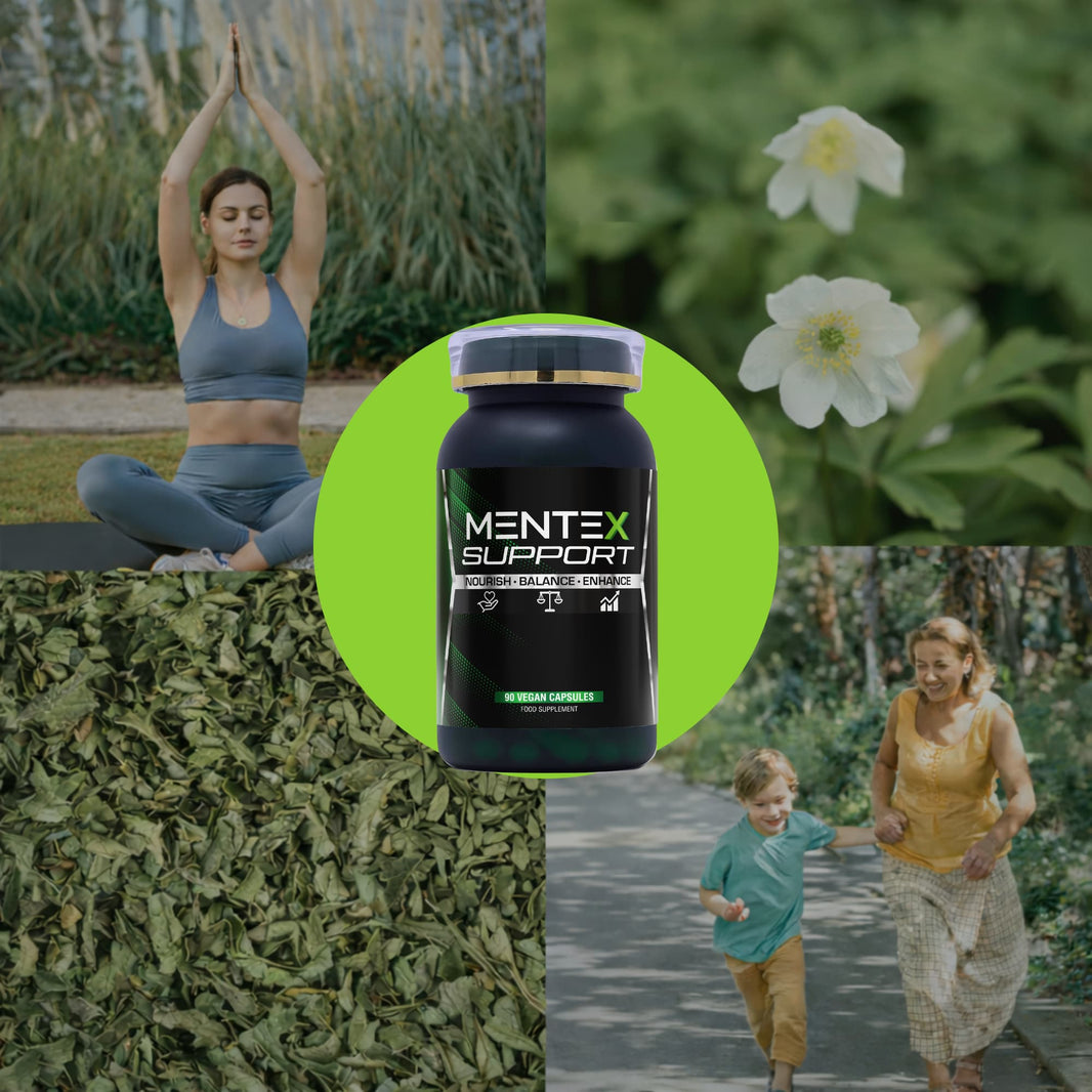 Mentex Support supplement bottle surrounded by nature images of a woman exercising, flowers, and a family.